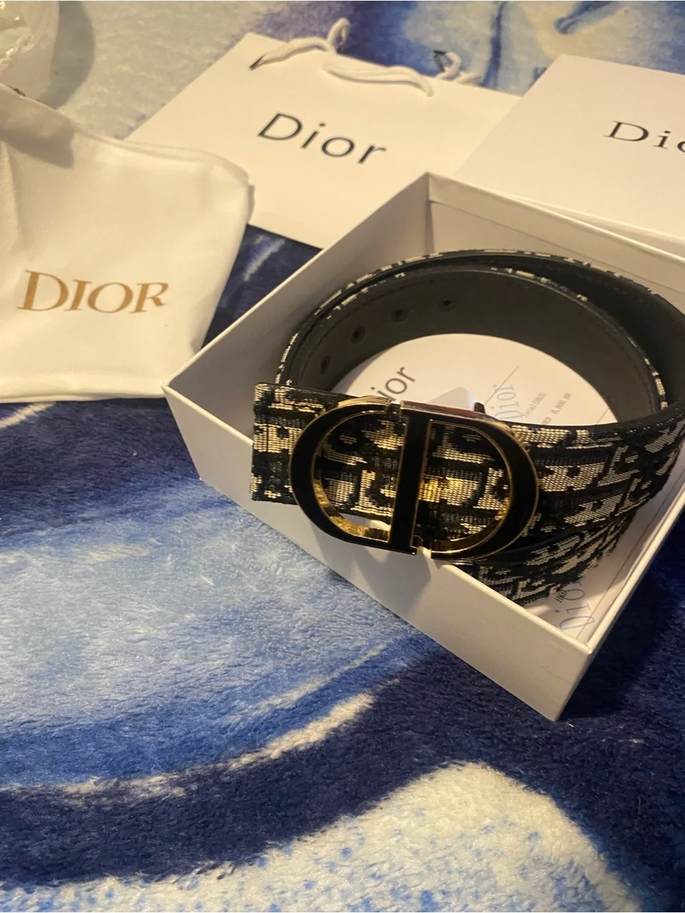 Dior Black & Blue Monogram Canvas Belt with Gold 'CD' Buckle